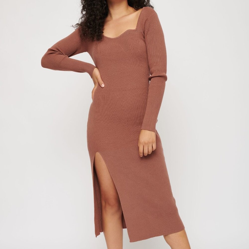 (NWT) Dynamite - brown ribbed knit bardot midi sweater dress (large)